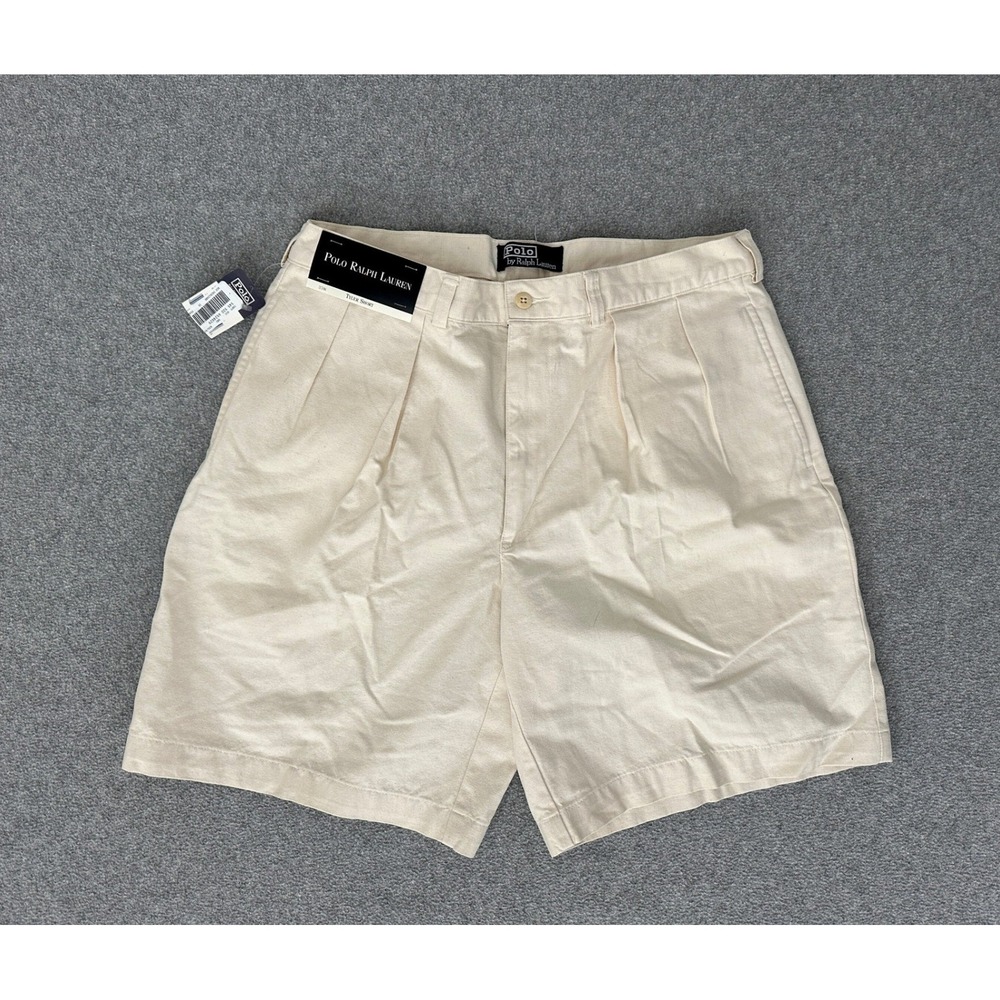 Vintage Polo Ralph Lauren Tyler Short Mens 35 Pleated Beige Cotton 90s NWT Chino